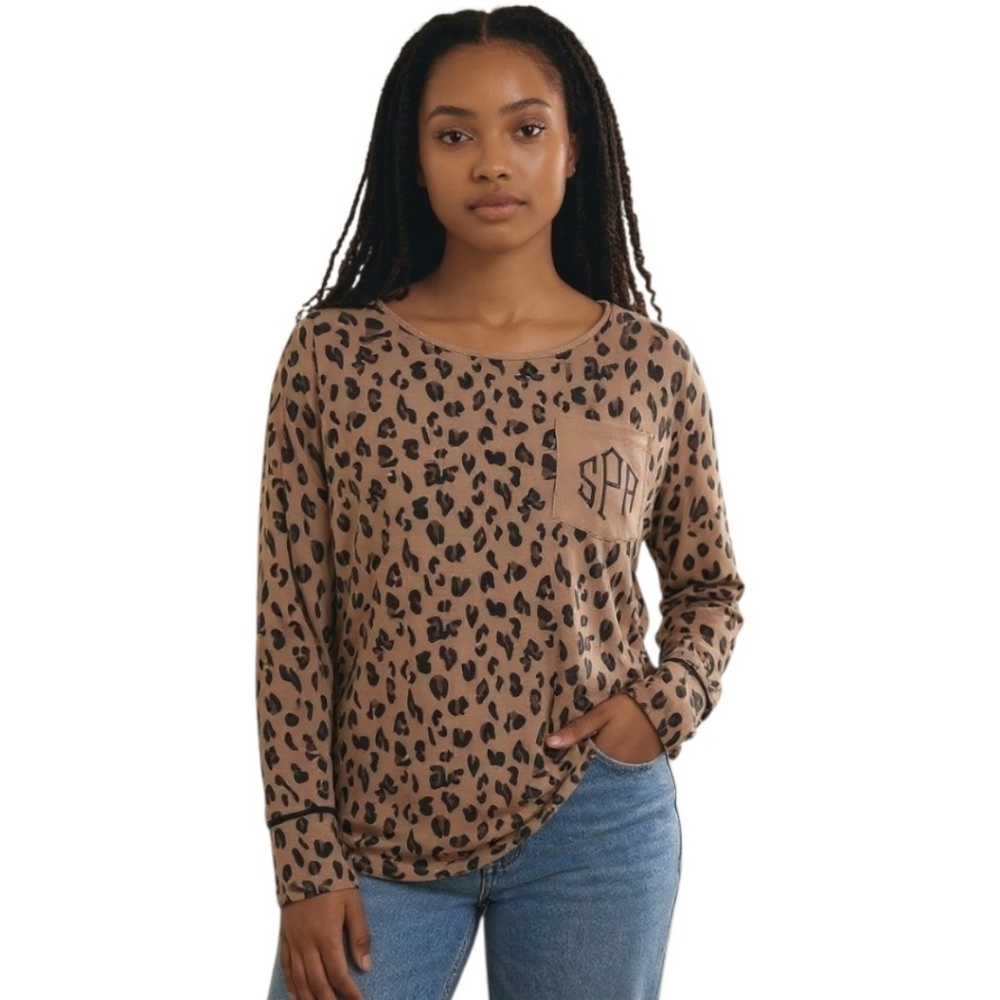 MarleyLilly L Leopard Print Lounge Pajama Top NWT Monogram SPA Cozy Sleepwear